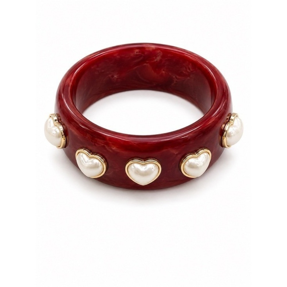 NWT Burgundy Marbled Resin Bangle Bracelet with Faux Pearl Hearts